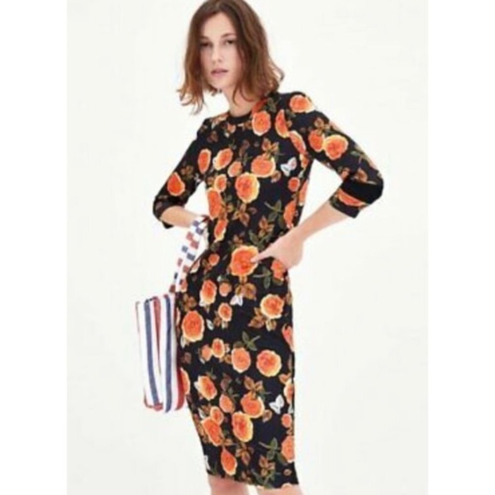 ZARA BLACK ORANGE FLORAL BODYCON MIDI DRESS 3/4 SLEEVES SIZE SMALL